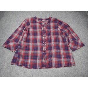 B Skies are Blue Blouse Plaid Flannel Red Blue Women's Size 2X 3/4 Sleeve V-Neck